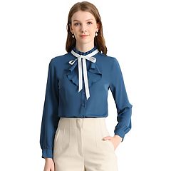 Allegra K Women's Embroidered Bow Tie Neck Puff Sleeve Office Work