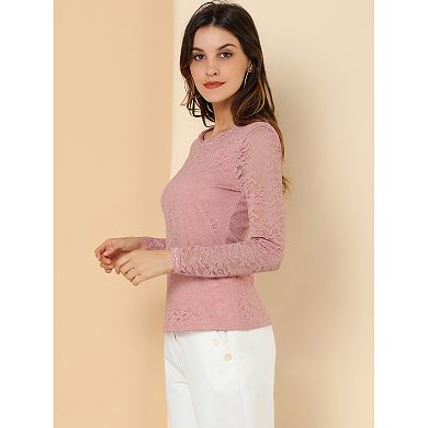 Women's Round Neck Long Sleeves Sheer Flower Embroidery Lace Blouse
