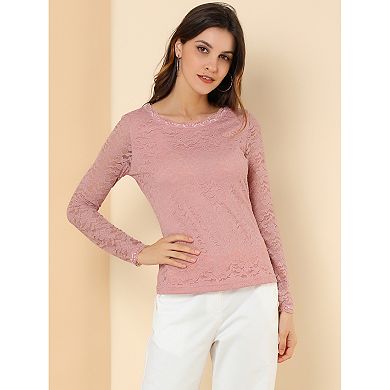 Women's Round Neck Long Sleeves Sheer Flower Embroidery Lace Blouse