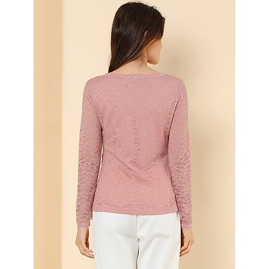 Women's Round Neck Long Sleeves Sheer Flower Embroidery Lace Blouse