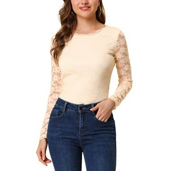 Women's Round Neck Long Sleeves Sheer Flower Embroidery Lace Blouse