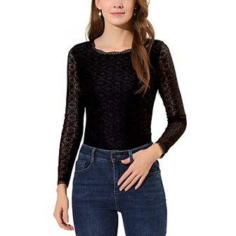 Women's Round Neck Long Sleeves Sheer Flower Embroidery Lace Blouse