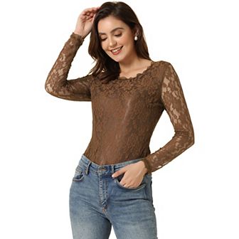 Women's Round Neck Long Sleeves Sheer Flower Embroidery Lace Blouse