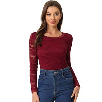 Women's Round Neck Long Sleeves Sheer Flower Embroidery Lace Blouse