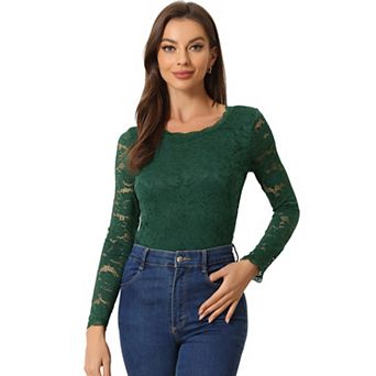 Women's Round Neck Long Sleeves Sheer Flower Embroidery Lace Blouse