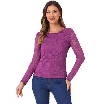 Women's Round Neck Long Sleeves Sheer Flower Embroidery Lace Blouse