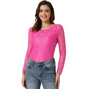 Women's Round Neck Long Sleeves Sheer Flower Embroidery Lace Blouse