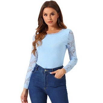 Women's Round Neck Long Sleeves Sheer Flower Embroidery Lace Blouse