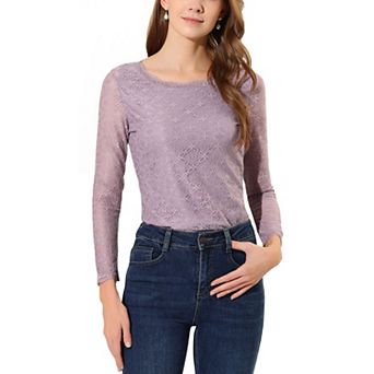 Women's Round Neck Long Sleeves Sheer Flower Embroidery Lace Blouse