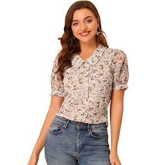 Women's Floral Button Down Collar Sweet Puffy Sleeve Blouse