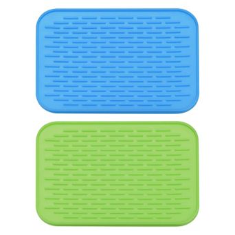 2 pc 8.5" x 6" Sink Drain Pad Silicone Dish Drying Mat Set Blue Green