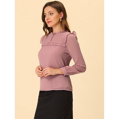 Women's Chiffon Shirts Elegant Long Sleeve Ruffle Swiss Dots Blouse Tops