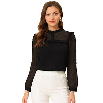 Women's Chiffon Shirts Elegant Long Sleeve Ruffle Swiss Dots Blouse Tops