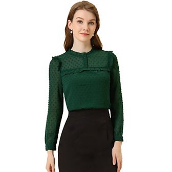 Women's Chiffon Shirts Elegant Long Sleeve Ruffle Swiss Dots Blouse Tops