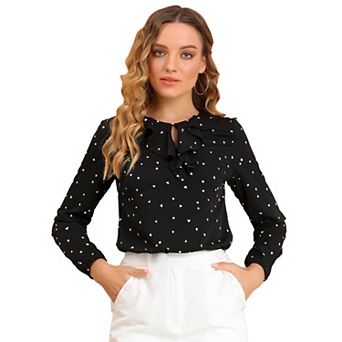 Women's Ruffle Neck Long Sleeve Polka Dots Blouse Shirts