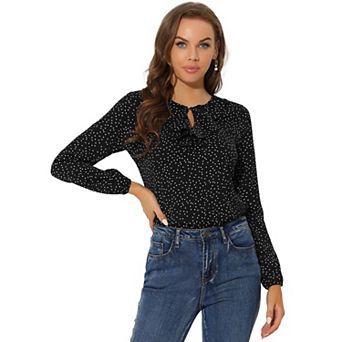 Women's Ruffle Neck Long Sleeve Polka Dots Blouse Shirts