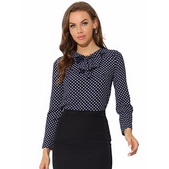 Women's Ruffle Neck Long Sleeve Polka Dots Blouse Shirts