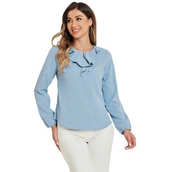 Women's Ruffle Neck Long Sleeve Polka Dots Blouse Shirts