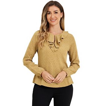 Women's Ruffle Neck Long Sleeve Polka Dots Blouse Shirts