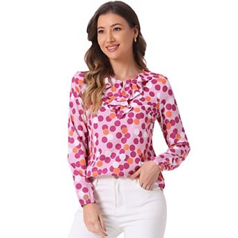 Women's Ruffle Neck Long Sleeve Polka Dots Blouse Shirts