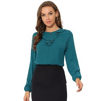 Women's Ruffle Neck Long Sleeve Polka Dots Blouse Shirts