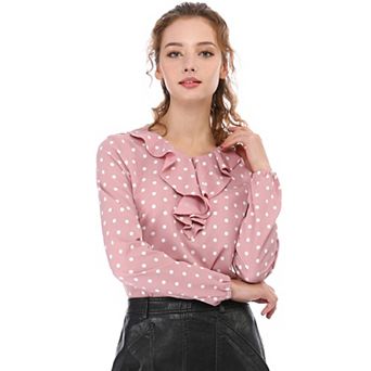 Women's Ruffle Neck Long Sleeve Polka Dots Blouse Shirts