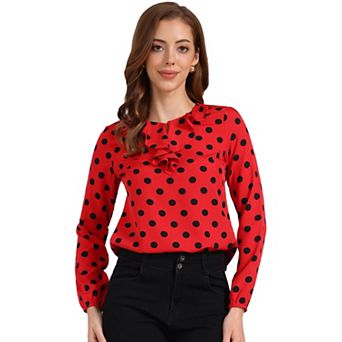Women's Ruffle Neck Long Sleeve Polka Dots Blouse Shirts