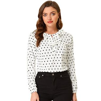 Women's Ruffle Neck Long Sleeve Polka Dots Blouse Shirts