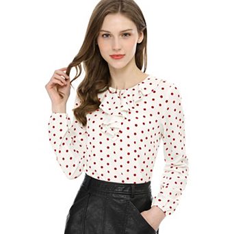 Women's Ruffle Neck Long Sleeve Polka Dots Blouse Shirts
