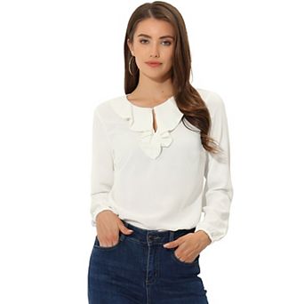 Women's Ruffle Neck Long Sleeve Polka Dots Blouse Shirts