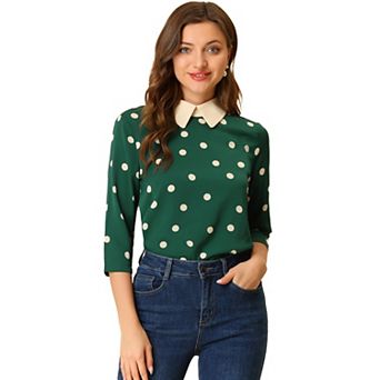 Women's Contrast Peter Pan Collar Top 3/4 Sleeves Blouse Shirts