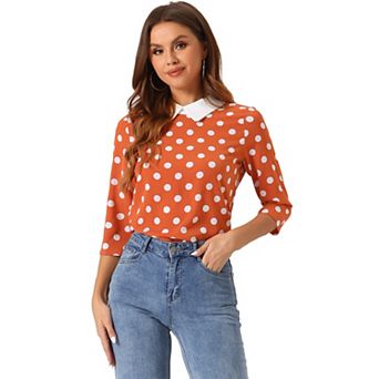 Women's Contrast Peter Pan Collar Top 3/4 Sleeves Blouse Shirts