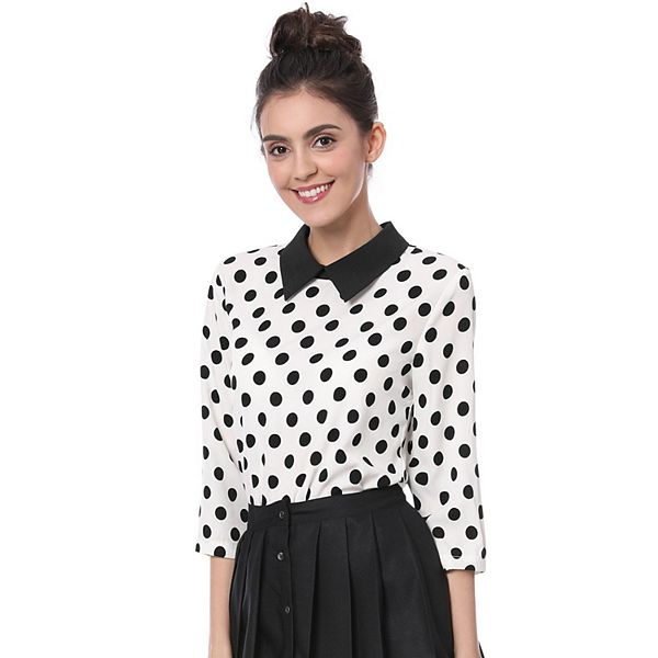 Women's Contrast Peter Pan Collar Top 3/4 Sleeves Blouse Shirts