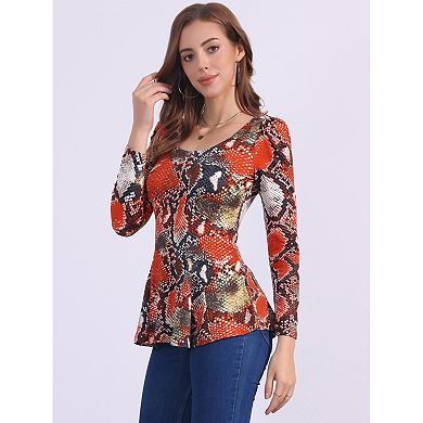 Women's Printed Scoop Neck Long Sleeves Peplum Blouse
