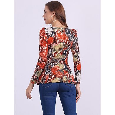 Women's Printed Scoop Neck Long Sleeves Peplum Blouse