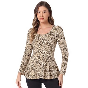 Women's Printed Scoop Neck Long Sleeves Peplum Blouse