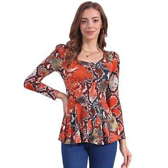 Women's Printed Scoop Neck Long Sleeves Peplum Blouse