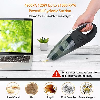 Car Vacuum Cleaner - Cordless Handheld with 4800PA Suction- Wet and Dry Use with 3 Accessories