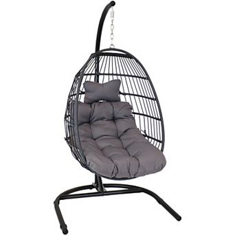 Sunnydaze Resin Wicker Hanging Egg Chair with Steel Stand/Cushions