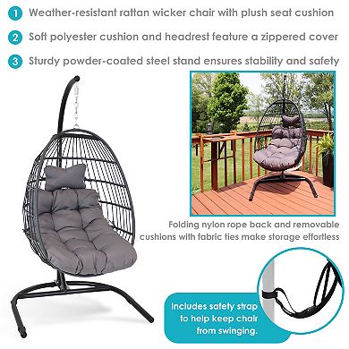 Sunnydaze Resin Wicker Hanging Egg Chair with Steel Stand/Cushions - Gray