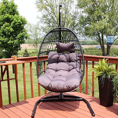 Sunnydaze Resin Wicker Hanging Egg Chair with Steel Stand/Cushions - Gray