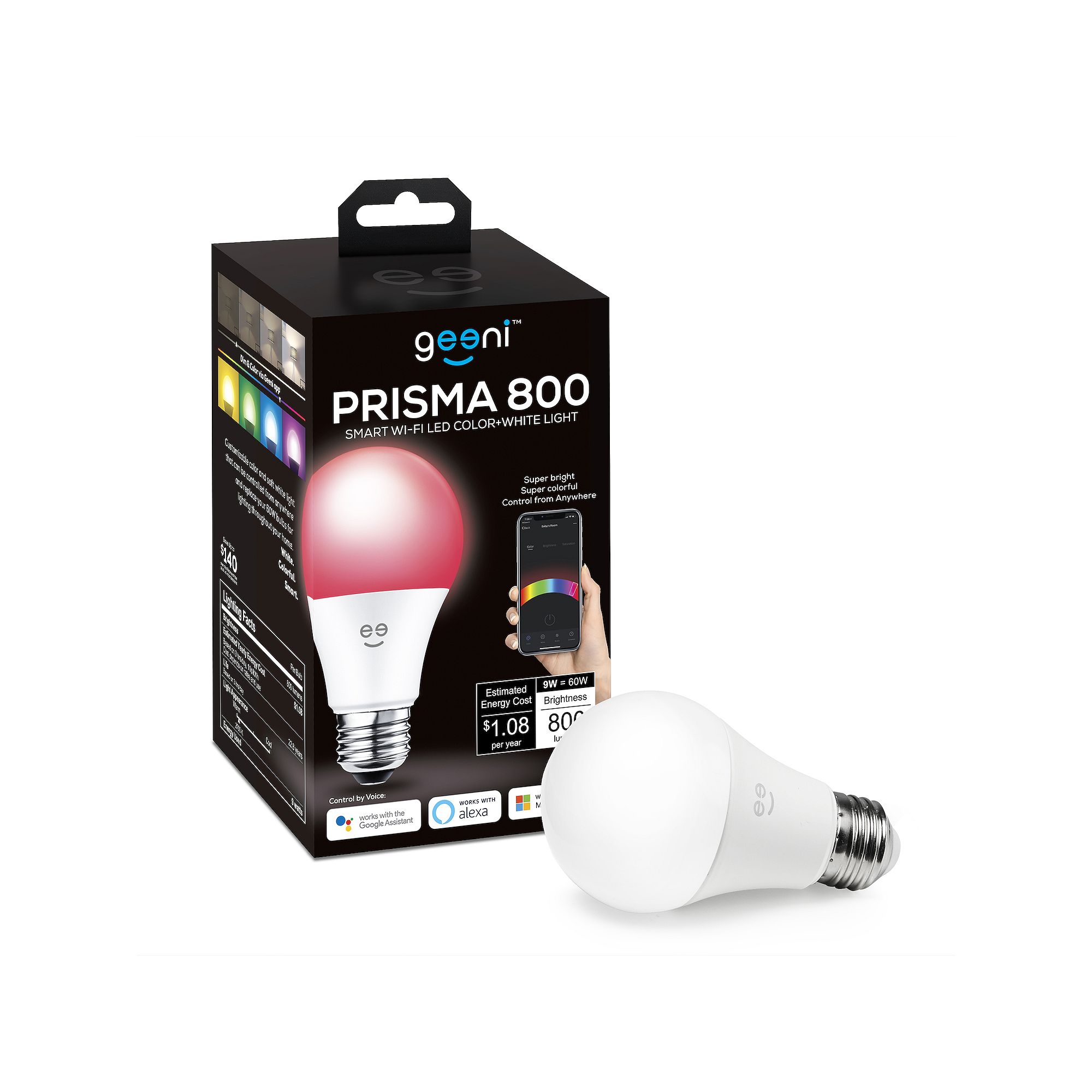 Geeni Prisma 800 60W Equivalent Color and Warm White Dimmable White A21 E26