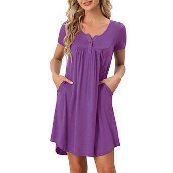Women's Sleepwear Soft Button with Pockets Short Sleeve Lounge Nightgown