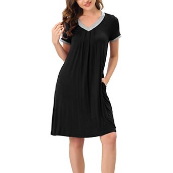 Women's Pajama Dress Nightshirt Sleepwear V-Neck with Pockets Lounge Nightgown