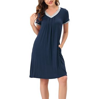 Women's Pajama Dress Nightshirt Sleepwear V-Neck with Pockets Lounge Nightgown