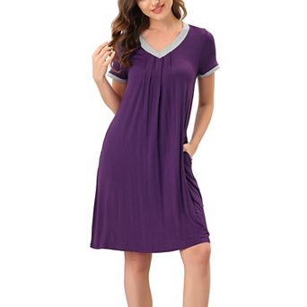 Women's Pajama Dress Nightshirt Sleepwear V-Neck with Pockets Lounge Nightgown