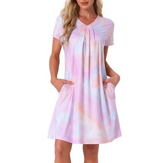 Women's Pajama Dress Nightshirt Sleepwear V-Neck with Pockets Lounge Nightgown