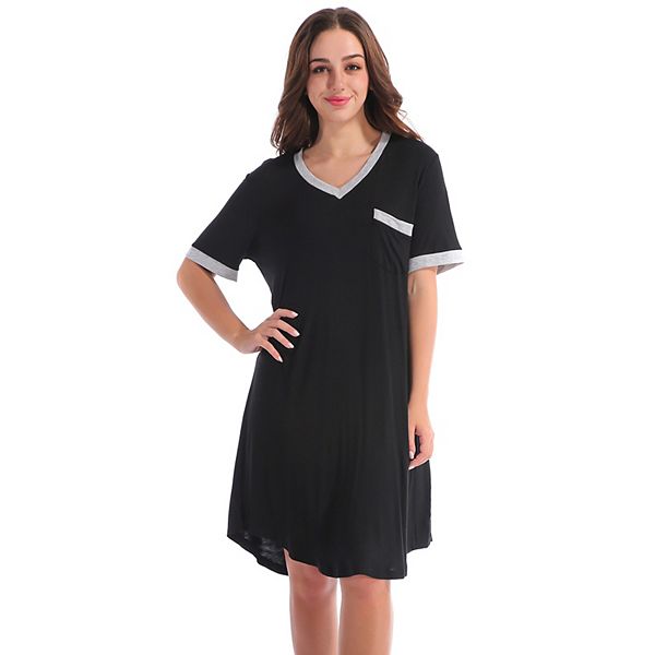 Womens Sleep Dress Pajama Shirt Dress Short Sleeve Contrast Sleepwear