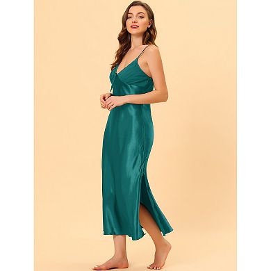 Women's Satin Pajama V Neck Nightdress Soft Midi Lounge Dress