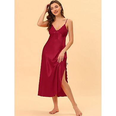 Women's Satin Pajama V Neck Nightdress Soft Midi Lounge Dress